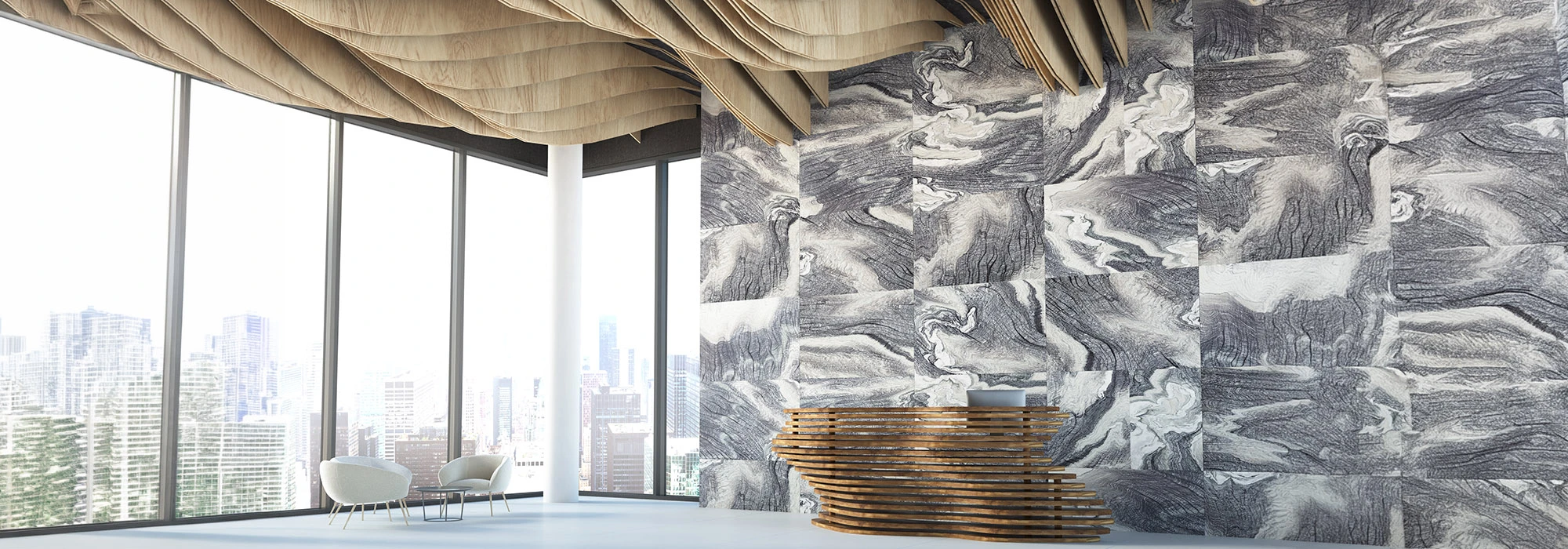 Ampio spazio office con wall covering effetto marmo artistico e soffitto in legno ondulato