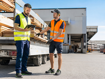 Lavoratori con abbigliamento ad alta visibilità in area logistica esterna