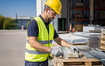 Operatori con abbigliamento da lavoro estivo ad alta visibilità in area logistica